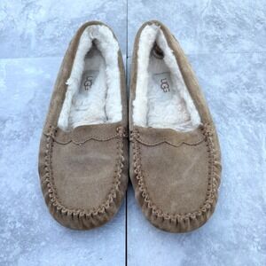 UGG Ansley Suede Slippers Chestnut Tan Wool Lined Moccasins Women 6 118841
